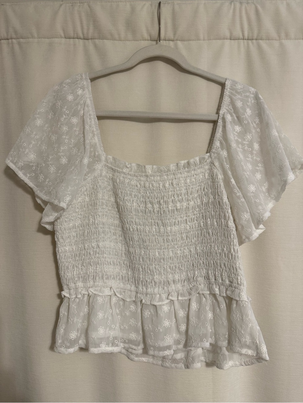 Astr White Smocked Square-Neck Eyelet Peasant Top